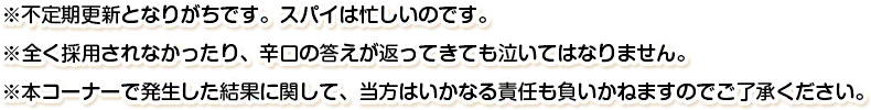 ※不定期更新となりがちです。スパイは忙しいのです。※全く採用されなかったり、辛口の答えが返ってきても泣いてはなりません。※本コーナーで発生した結果に関して、当方はいかなる責任も負いかねますのでご了承ください。